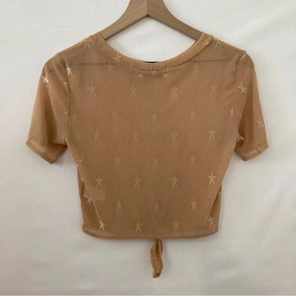 Love J Mesh Cropped Top Tan Star Pattern Medium Knot Front